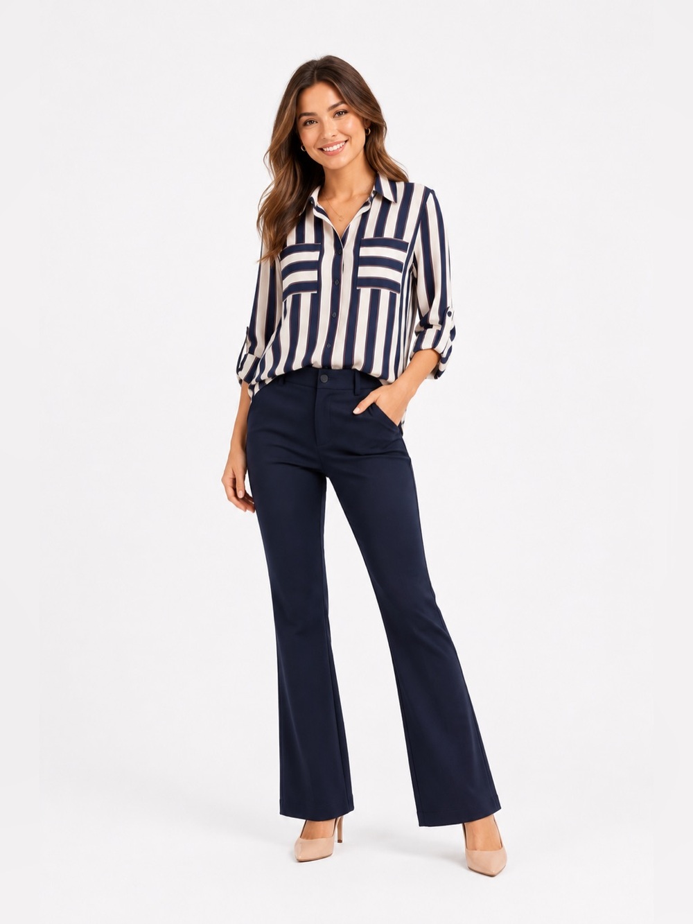 Express Navy and Cream Vertical-Striped Button Blouse